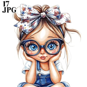 17 filles originales avec des lunettes des cliparts, fille fantaisiste, JPG de haute qualité, clipart aquarelle, Junk Journal, téléchargement numérique, créations en papier