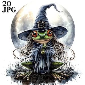 20 Witch Frog Clipart, Halloween Frog, Halloween Toad, High Quality JPGs, Watercolor Clipart, Junk Journal, Digital Download, Paper Craft