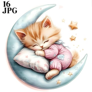16 schlafende Kätzchen Clipart, Katze im Pyjama, Schlaf Clipart, Nacht Clipart, Mond Clipart, hochwertige JPGs, Junk Journal, digitaler Download