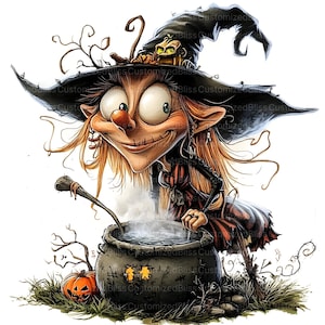 May include: A cartoon witch with a pointed hat and a mischievous grin stirs a bubbling cauldron with a wooden spoon. She is wearing a black dress with a red and white striped pattern and has long, red hair. A jack-o-lantern sits in the grass in front of her.
