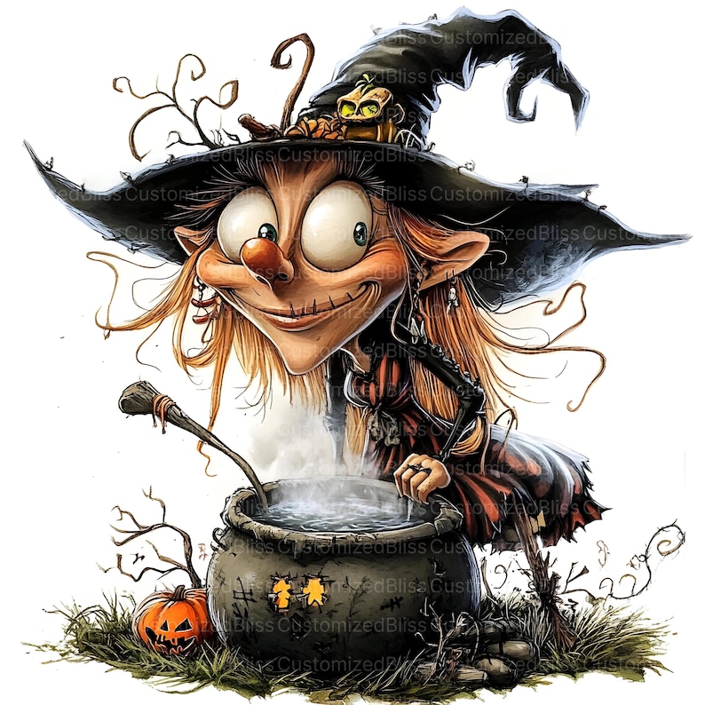 May include: A cartoon witch with a pointed hat and a mischievous grin stirs a bubbling cauldron with a wooden spoon. She is wearing a black dress with a red and white striped pattern and has long, red hair. A jack-o-lantern sits in the grass in front of her.