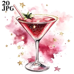 20 Pink Cocktails Clipart, Alcohol Clipart, High Quality JPGs, Watercolor Clipart, Junk Journal, Digital Download, Paper Craft, Printable