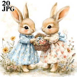 Häschen in niedlichen Kleidern Vintage Seite Clipart Bundle, 20 hochwertige Aquarell JPGs, Ostern Kunst, Journaling, Scrapbooking, digitaler Download