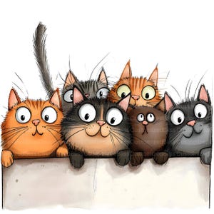 May include: A colourful illustration featuring six cartoon cats with expressive eyes and smiles. The cats, in shades of orange, grey, brown, and black, are peering over a white surface. The image has the text "CustomizedBliss" in the corners.