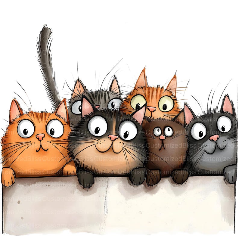 May include: A colourful illustration featuring six cartoon cats with expressive eyes and smiles. The cats, in shades of orange, grey, brown, and black, are peering over a white surface. The image has the text "CustomizedBliss" in the corners.
