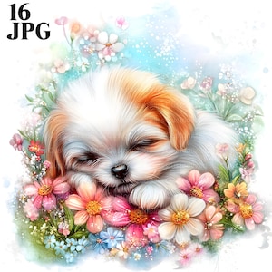 16 süße Frühling Hund Clipart Bundle, Welpe Clipart, Frühling Clipart, Blumen Clipart, süße Hund, hohe Qualität JPG, Junk Journal, digitaler Download