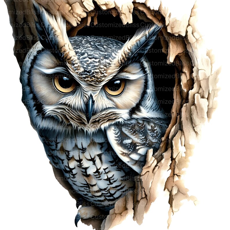 May include: A close-up of an owl's face peering out from a tree trunk. The owl has large, yellow eyes and brown and gray feathers. The tree trunk is brown and has a rough texture.