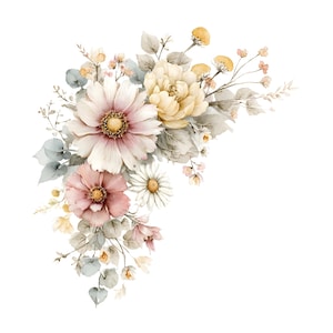May include: A floral arrangement featuring large pale pink and cream-colored blossoms, smaller white daisies, and yellow buds. The bouquet includes soft sage green leaves and delicate stems, creating a clustered, asymmetrical botanical design.