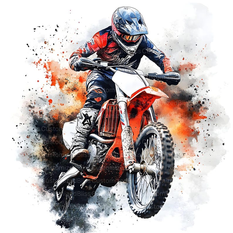 Peut inclure: Illustration de style aquarelle d'un pilote de motocross sur une moto tout-terrain orange. Le pilote porte un casque et un &eacute;quipement de protection. Des &eacute;claboussures d'orange, de noir et de gris entourent la moto, cr&eacute;ant un effet dynamique. Fond blanc.