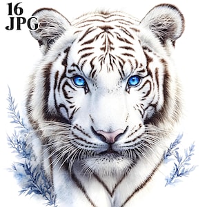 16 White Tiger Portrait Clipart, Watercolor Tiger Images, High Quality JPGs, Watercolor Clipart, Junk Journal, Digital Download, Paper Craft
