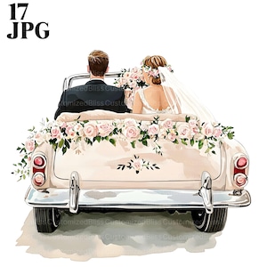 17 Hochzeitsauto paar Clipart, Hochzeitsauto, Hochzeitsauto, hochwertige JPGs, Aquarell Clipart, Junk Journal, Digitaler Download, Papierwesen