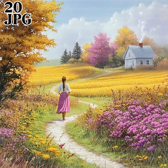 20 ビンテージ水彩画の田舎の風景のクリップアート、田舎の生活風景