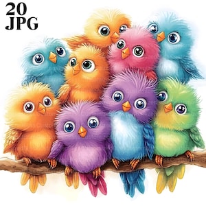 20 peculiares imágenes prediseñadas de familias de pájaros, uso comercial, efímeras extravagantes, archivos JPG de arte con acuarela, diario basura, manualidades de papel, descarga digital, fantasía