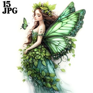 15 leśnych wróżek Clipart, Zielone wróżki Clipart, Wysokiej jakości JPG, Wydrukowalne akwarelowe Clipart, Dziennik śmieci, Pobieranie cyfrowe, Rękodzieło papierowe