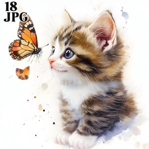 18 gatinhos e borboletas clipart, clipart de gato, JPG de alta qualidade, clipart de aquarela, diário de lixo, download digital, artesanato em papel, clip art