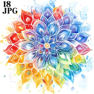 Pacchetto di clipart mandala astratti arcobaleno, 18 JPG di alta qualità, clipart acquerello, diario spazzatura, download digitale, artigianato di carta, spirituale
