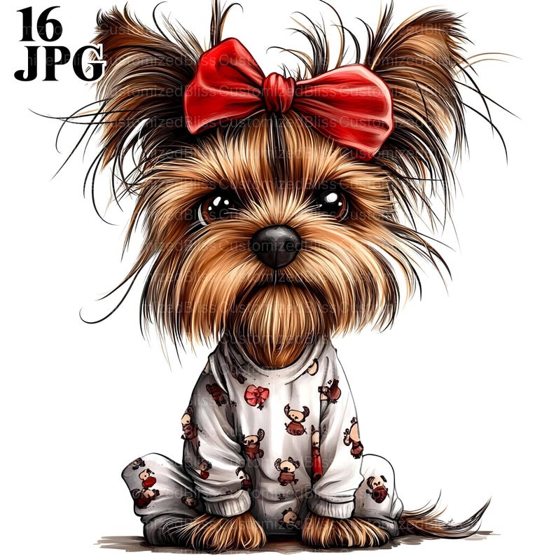 Pu&ograve; includere: Un'illustrazione di un Yorkshire Terrier in stile cartone animato che indossa un fiocco rosso e un pigiama con un motivo a renna. Il cane &egrave; seduto con le zampe incrociate e guarda lo spettatore.