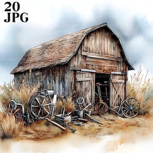 Könnte beinhalten: Aquarellmalerei einer rustikalen Scheune aus verwittertem Holz mit offenen Türen, umgeben von hohem Gras und landwirtschaftlichen Werkzeugen. Die Scheune hat ein braunes Schindeldach. Das Bild enthält den Text "20 JPG".