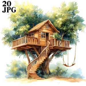 20 Clipart di case sull'albero, Clipart di case sull'albero per bambini, JPG di alta qualità, Clipart di acquerelli, Diario di spazzatura, Download digitale, Lavoretti di carta