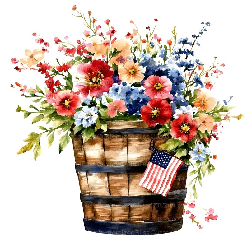 Fourth of July Flower Bucket Clipart, 18 High Quality Watercolor JPG ...