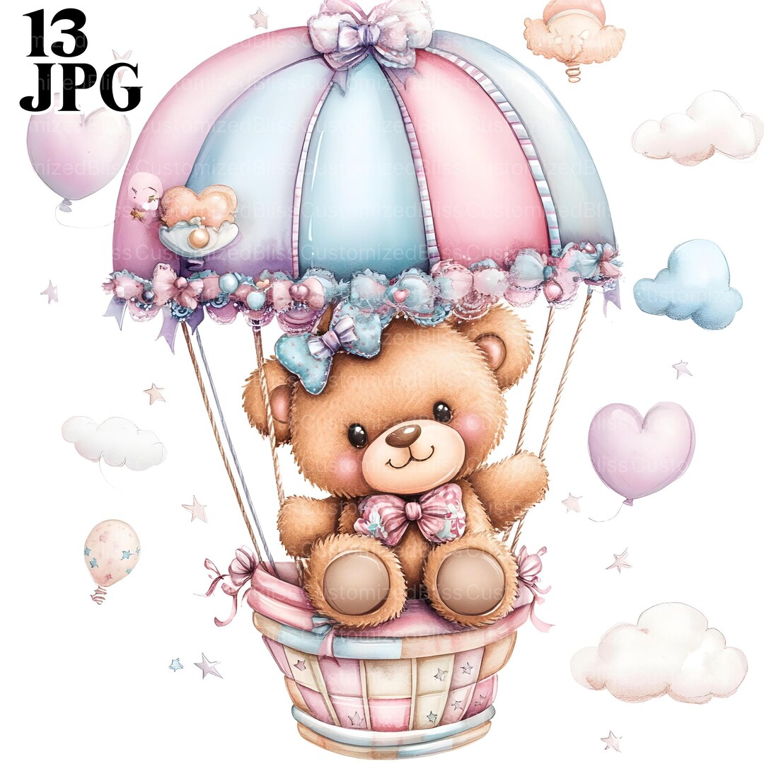 Cute Bear Clipart, Hot Air Balloon Clipart, Teddy Bear Clipart, 13 High ...