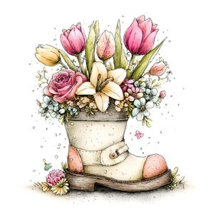 May include: Watercolor illustration of a cream-colored boot filled with a vibrant bouquet of flowers. The arrangement includes pink tulips, roses, and lilies, with accents of small blue and pink blossoms. The boot has a buckle and a pink toe.