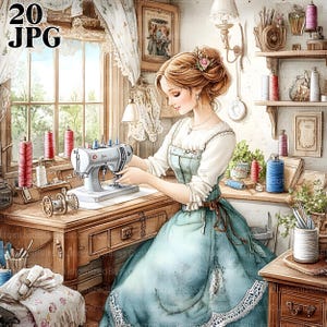 Clip Art de sala de costura vintage, 20 JPGs de alta qualidade, clipart de aquarela, diário de lixo, scrapbooking, criação de cartões, kit de download digital