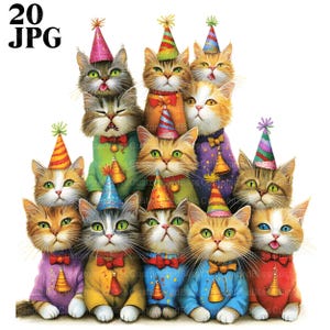 Whimsical Party Cats Clipart, 20 High Res Watercolor JPGs Junk Journaling, Scrapbooking, Card Making, Digital Download, Kitten Clipart