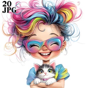 20 Quirky Girl Clipart, Girl with Cat, High Quality JPGs, Commercial Use, Whimsical Ephemera, Watercolor Clipart, Junk Journal, Paper Craft