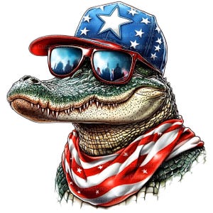 May include: A green alligator wearing a red, white, and blue bandana and a baseball cap with stars and stripes. The alligator is wearing sunglasses with a reflection of people in them.