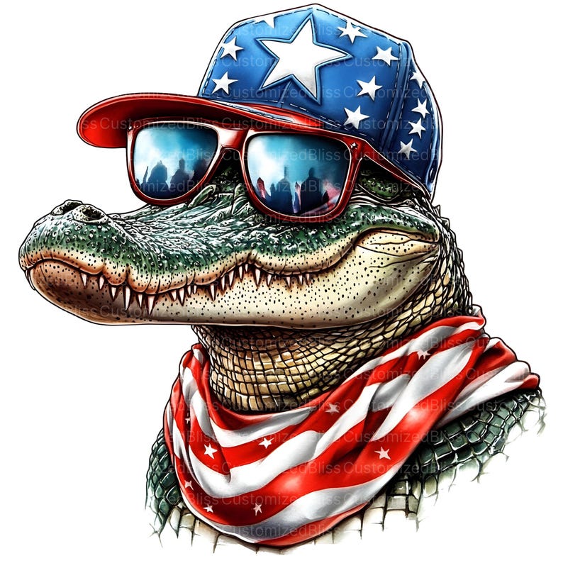 May include: A green alligator wearing a red, white, and blue bandana and a baseball cap with stars and stripes. The alligator is wearing sunglasses with a reflection of people in them.