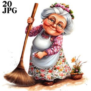 20 clipart engraçados de velhinhas em casa, faxineira, JPGs de alta qualidade, clipart de aquarela, diário de lixo, download digital, artesanato em papel