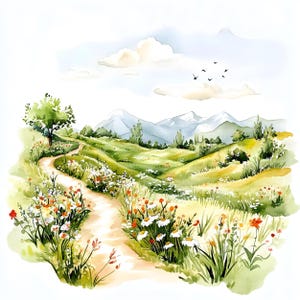 Op de afbeelding: Een aquarel schilderij van een kronkelend pad door een groene weide met bergen op de achtergrond. Het pad is bezaaid met wilde bloemen in tinten wit, rood en oranje. De lucht is blauw met witte wolken en vogels die eroverheen vliegen.