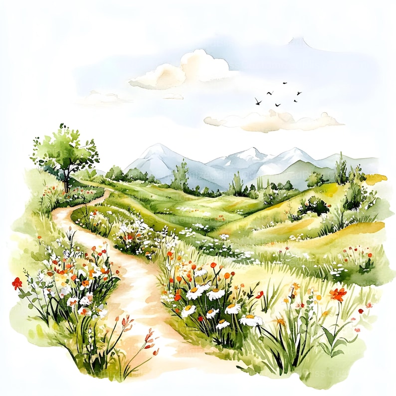 Op de afbeelding: Een aquarel schilderij van een kronkelend pad door een groene weide met bergen op de achtergrond. Het pad is bezaaid met wilde bloemen in tinten wit, rood en oranje. De lucht is blauw met witte wolken en vogels die eroverheen vliegen.