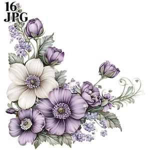 Pacchetto di elementi di pagina di fiori viola Clipart, 16 JPG di alta qualità, bordo floreale, artigianato, creazione di biglietti, clipart, artigianato di carta, scrapbooking