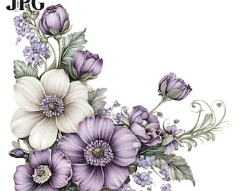 Purple Flower Page Elements Clipart Bundle, 16 High Quality JPGs, Floral Border, Craft Art, Card Making, Clip Art, Paper Craft, Scrapbooking