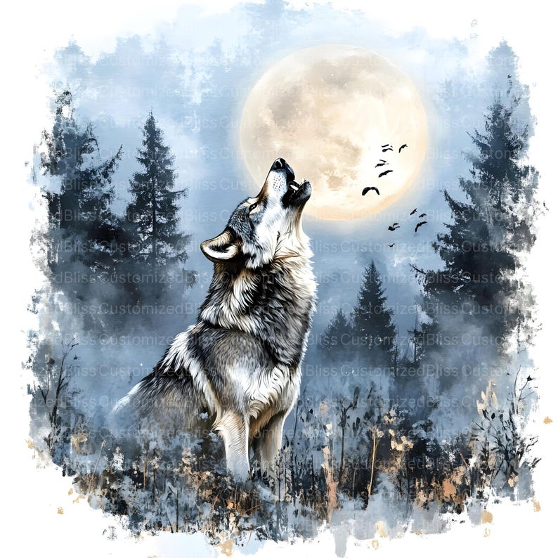 May include: A gray wolf howls at the full moon in a watercolor painting. The wolf is standing in a forest with trees and bushes. The moon is bright and yellow, and the sky is blue.