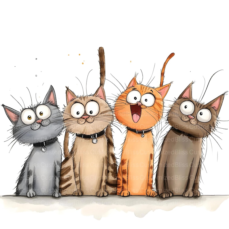 May include: A cartoon illustration featuring four cats with large eyes and expressive faces. The cats are in shades of grey, tan, orange, and brown, each wearing a black collar. The image has a playful, cartoon style, with a white background.