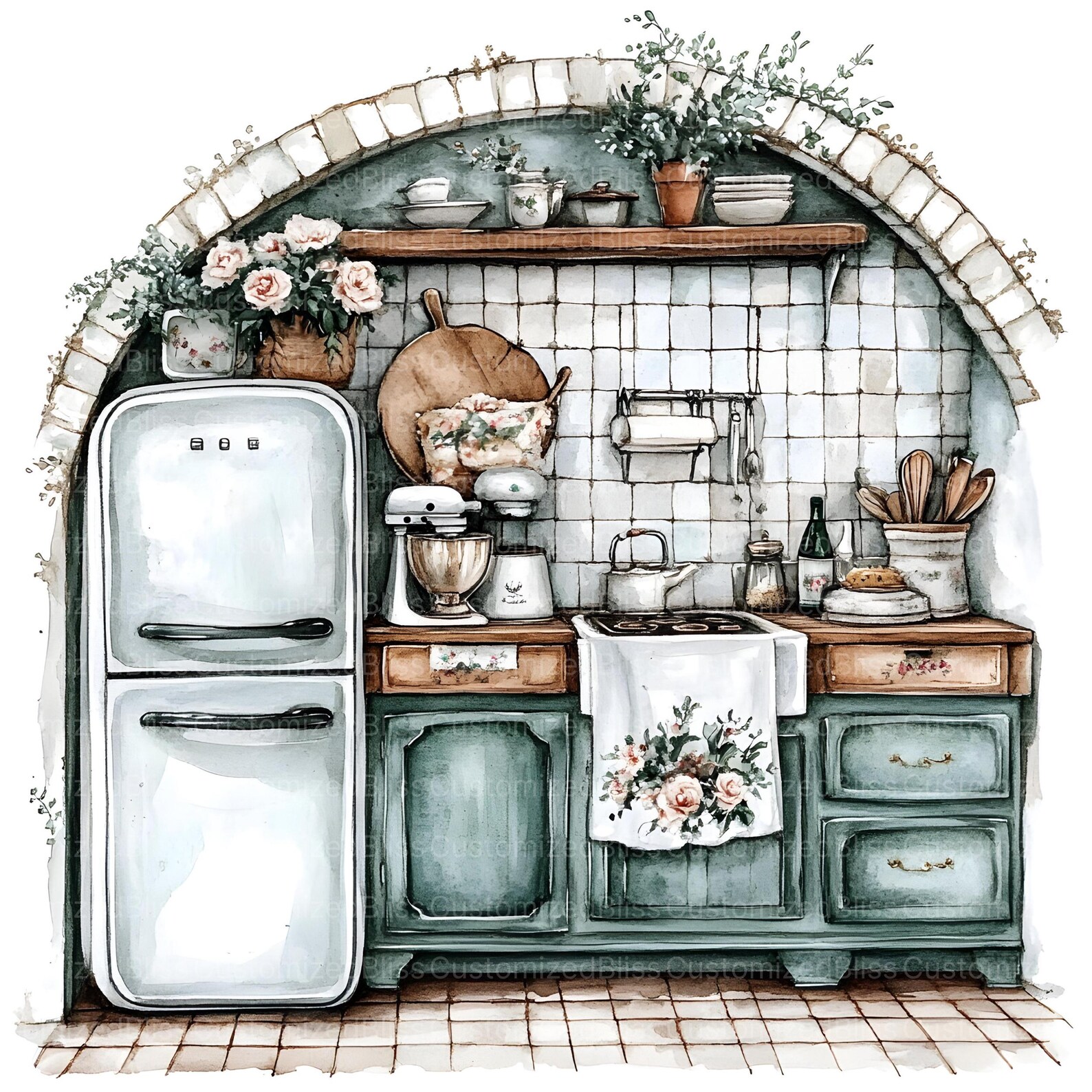 20 Shabby Chic Floral Kitchen Clipart, Watercolor Kitchen, High Quality ...
