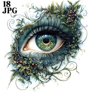 18 Clipart di occhi e foglie di donna, Clipart di occhi, JPG di alta qualità, Clipart di acquerelli, Diario spazzatura, Download digitale, Carta artigianale, Stampabile