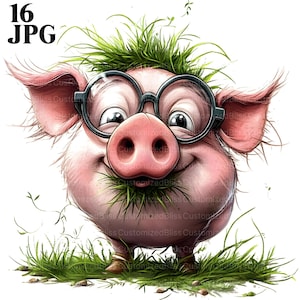 16 lustiges Schwein, das Gras isst, Schwein Clipart, schrulliges Tier, verrücktes Tier, Tier auf dem Bauernhof, hochwertige JPGs, Junk Journal, digitaler Download, Basteln