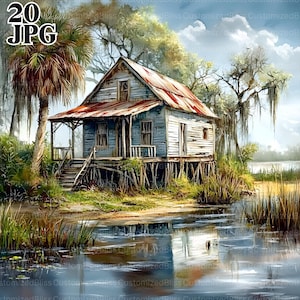 Puede incluir: Una casa de madera azul y desgastada con un techo rojo oxidado se asienta sobre pilotes sobre un cuerpo de agua tranquilo. La casa tiene un porche con un columpio y un conjunto de escaleras que conducen a la puerta principal. Árboles y follaje verde exuberante rodean la casa, y el cielo es de un azul brillante con nubes blancas y esponjosas.