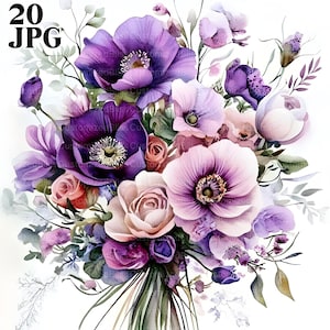 20 Lila Blumen Strauß Clipart, Violette Blumen, Blumen Clipart, Aquarell Clipart, Junk Journal, Digital Download, Papiermodelle, JPG