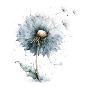 May include: Watercolor painting of a dandelion in shades of blue and white. The flower head is a soft blue with delicate white seeds. The stem is a light brown, and a few seeds are floating away. The background is white with blue watercolor splatters.