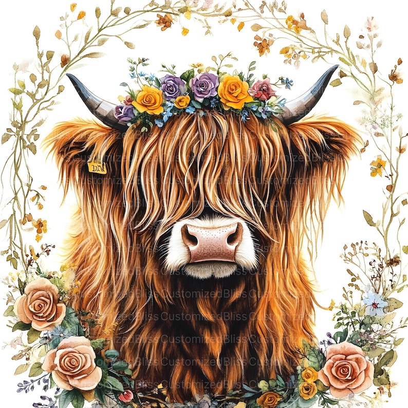 20 Floral Highland Cow Clipart, Cow and Flowers Clipart, High Quality ...