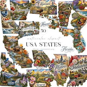 Könnte beinhalten: Eine Sammlung von Aquarell-Clipart-Illustrationen verschiedener US-Bundesstaaten, darunter Arkansas, Kansas, Delaware, Connecticut, Hawaii, Florida, Idaho, Georgia, Illinois und Indiana, mit Textbeschriftungen und regionalen Wahrzeichen.