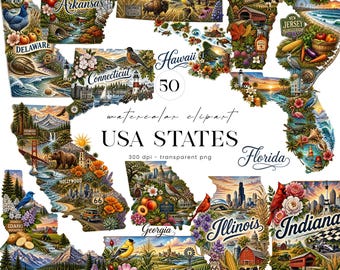USA State Map Clipart, USA Clipart Bundle, 50 States Png, Map Designs, United States Clipart, Travel Clipart, Geography Png, Cultural Map