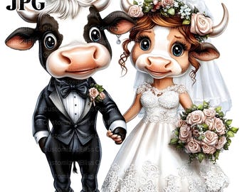 15 Cute Cow Wedding Couple Clipart, Bride and Groom Cows in Wedding Attire, Cow Clipart, High Quality JPGs, Junk Journal, Digital Download