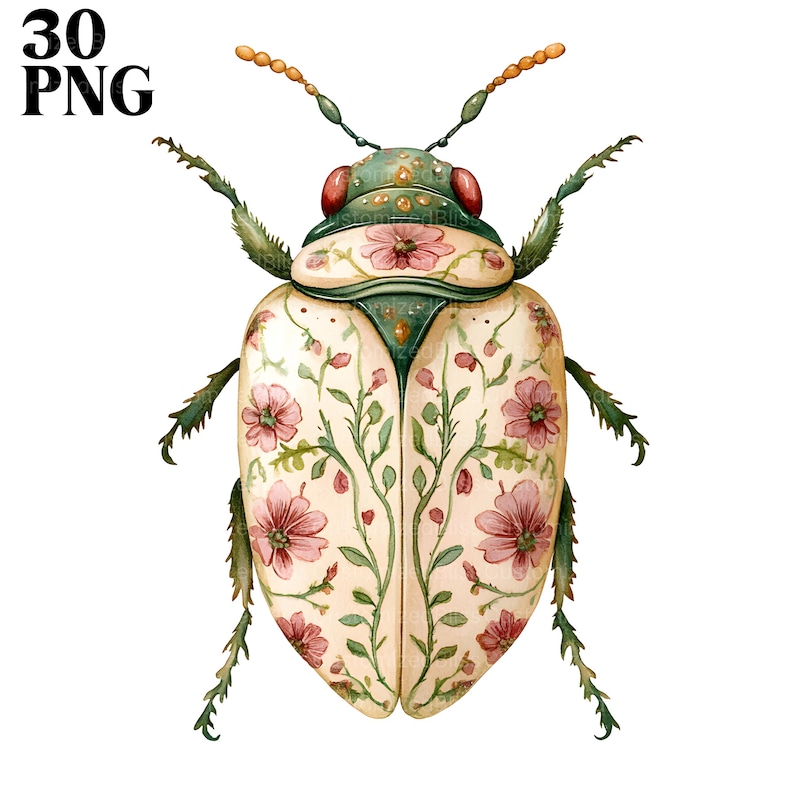 Pode incluir: Um besouro branco com cabe&ccedil;a verde e um padr&atilde;o floral rosa nas costas. O besouro tem antenas e pernas longas.