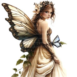 May include: A fairy with large, brown and white butterfly wings, wearing a brown dress with a floral crown and holding a blue butterfly.